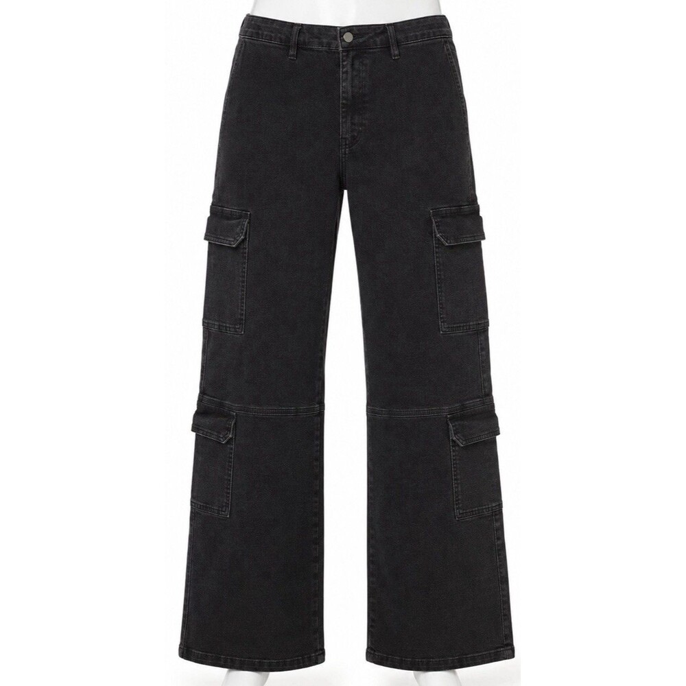 Windsor Denim Black Cargo Wide Mid Rise Leg Jeans Y2K Grunge Skater Goth 13